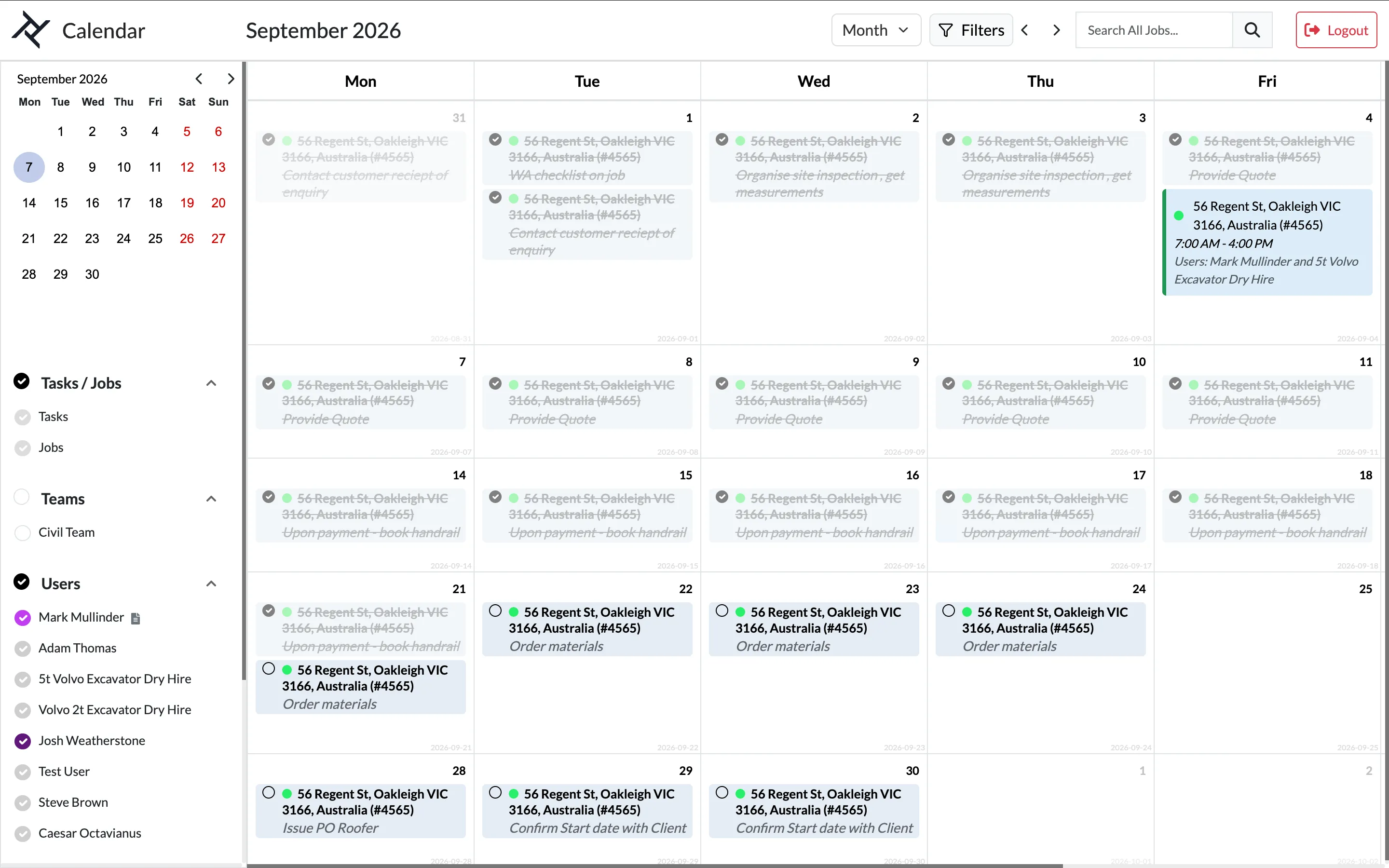 The Trak scheduler showing a month of jobs booked across a team